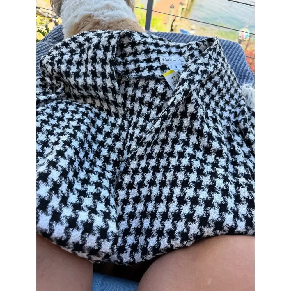 Vintage Christian Dior Houndstooth Open Front Blazer Jacket Black White Made USA